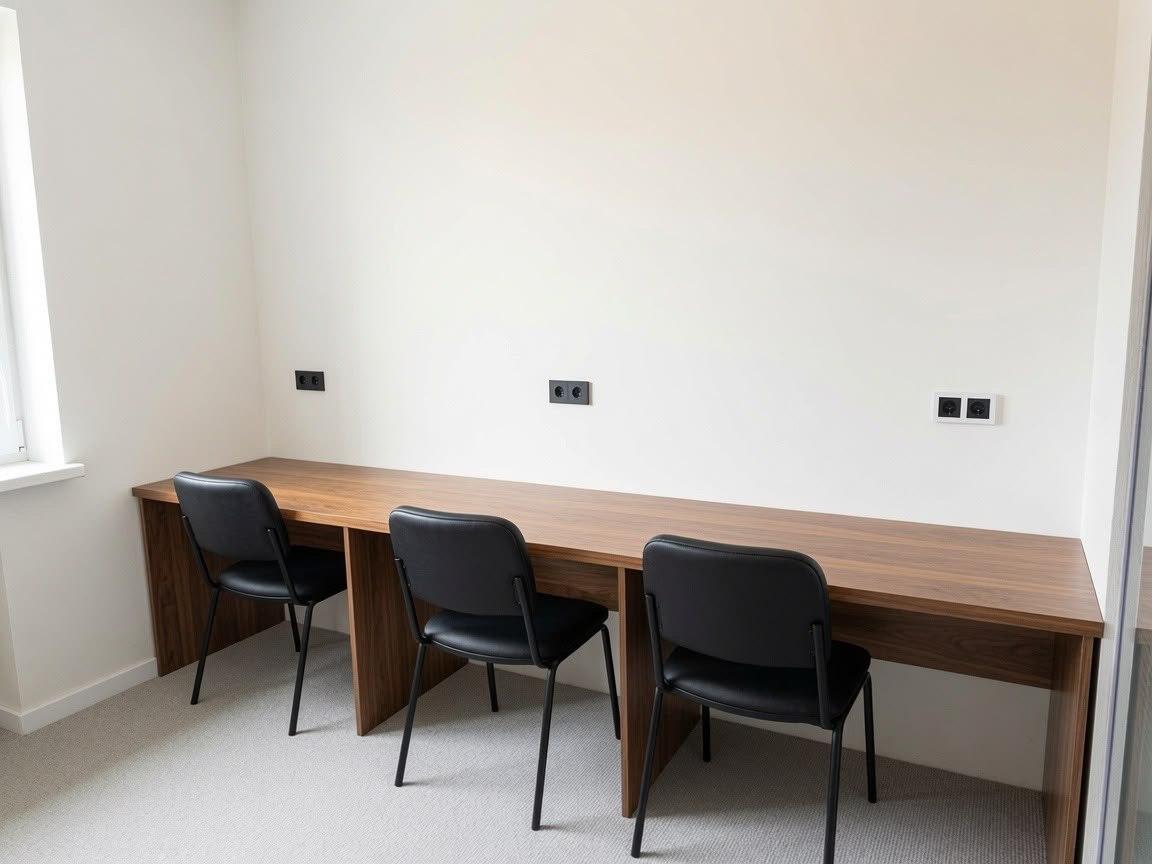 Рабочая зона: длинный стол со стульями и розетками